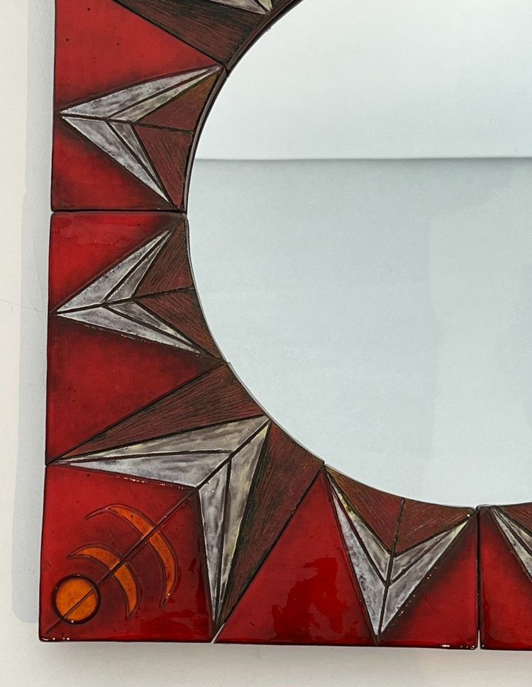 Ceramic Mirror Depicting a Stylized Sun on a Red Background Attributed to Oswal Tiberghien