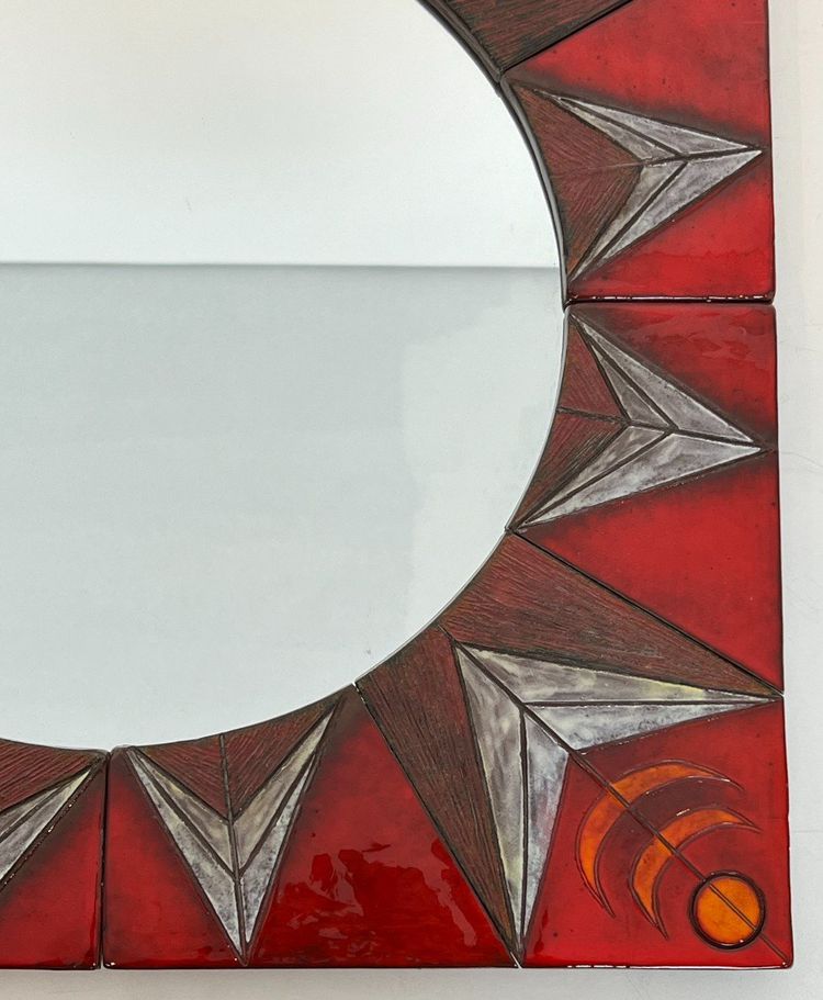 Ceramic Mirror Depicting a Stylized Sun on a Red Background Attributed to Oswal Tiberghien