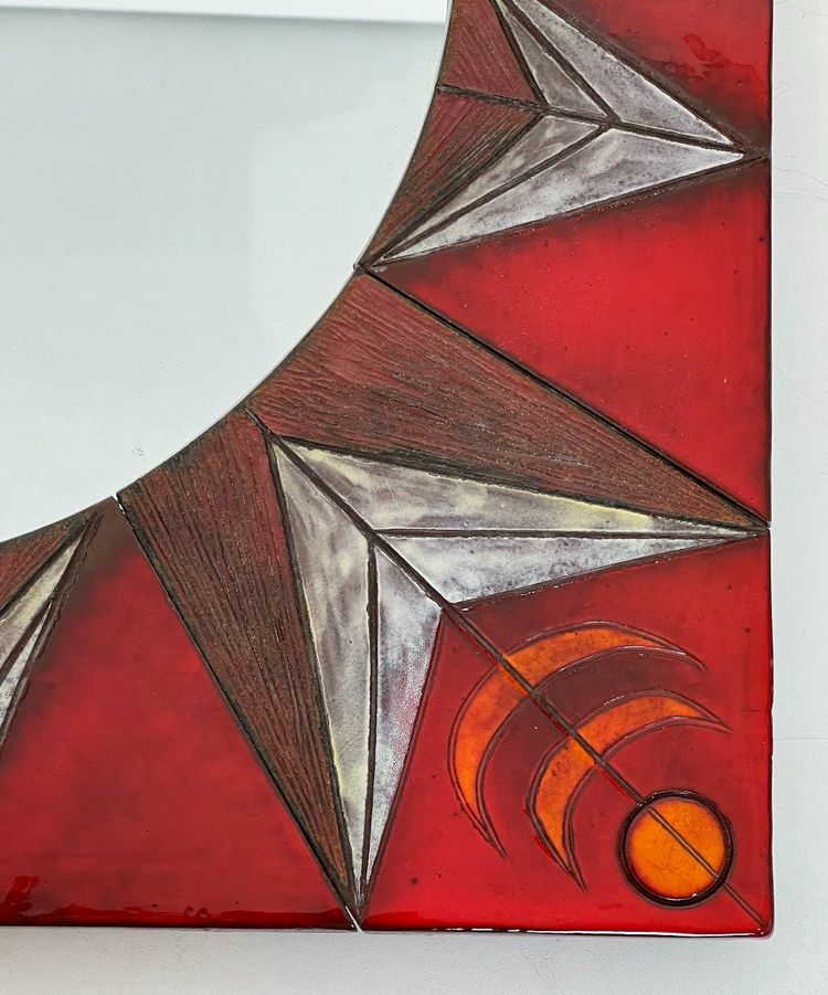 Ceramic Mirror Depicting a Stylized Sun on a Red Background Attributed to Oswal Tiberghien