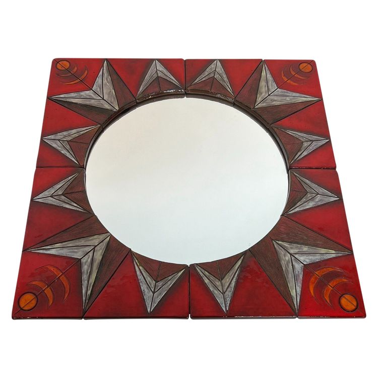 Ceramic Mirror Depicting a Stylized Sun on a Red Background Attributed to Oswal Tiberghien