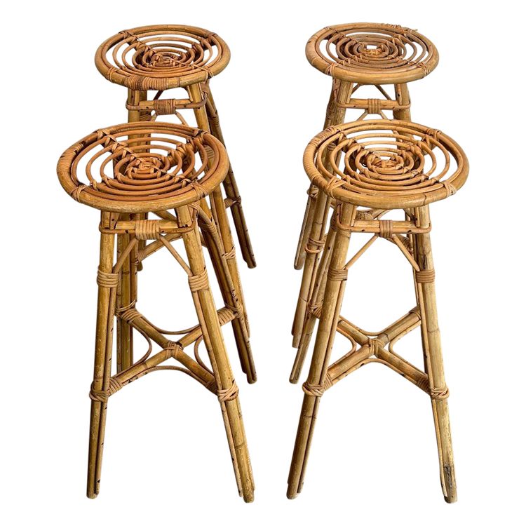 Set of 4 rattan stools. French work. Circa 1970