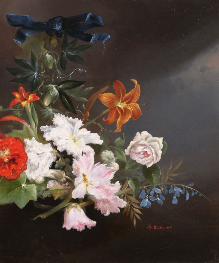 Charles Rivière, Nature morte de fleurs, tableau, 1857, Romantisme, jardin, école Lyonnsaise 