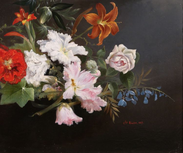 Charles Rivière, Nature morte de fleurs, tableau, 1857, Romantisme, jardin, école Lyonnsaise 