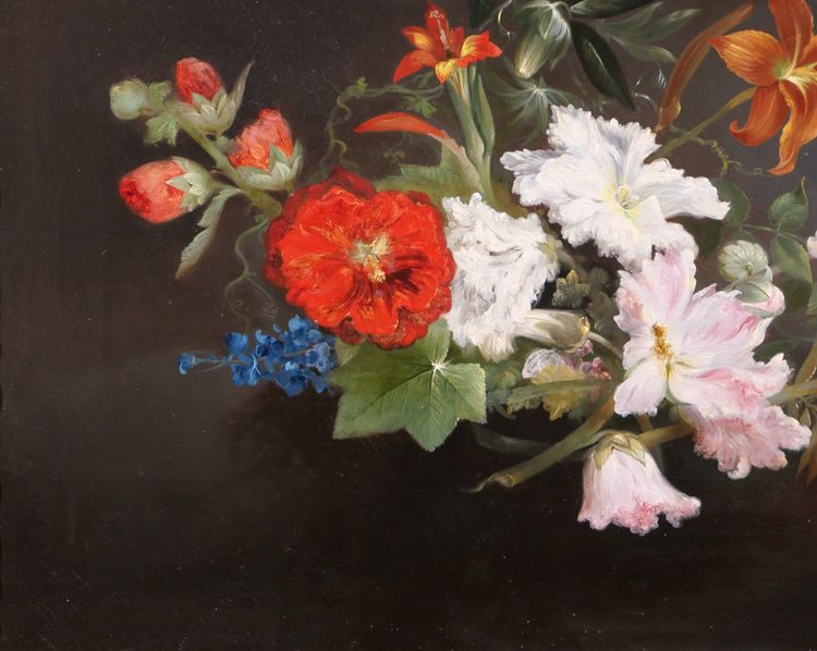 Charles Rivière, Nature morte de fleurs, tableau, 1857, Romantisme, jardin, école Lyonnsaise 