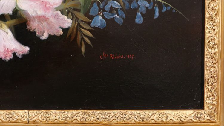 Charles Rivière, Nature morte de fleurs, tableau, 1857, Romantisme, jardin, école Lyonnsaise 