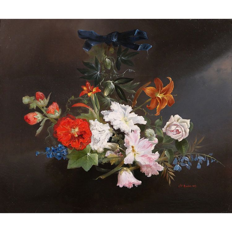 Charles Rivière, Nature morte de fleurs, tableau, 1857, Romantisme, jardin, école Lyonnsaise 