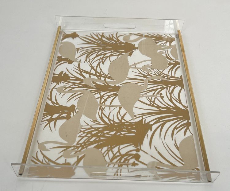 Paar Tabletts aus Plexiglas und Messing mit goldenen Vogeldekorationen