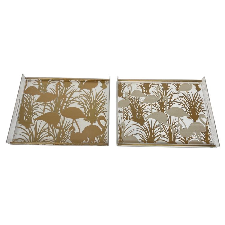 Paar Tabletts aus Plexiglas und Messing mit goldenen Vogeldekorationen