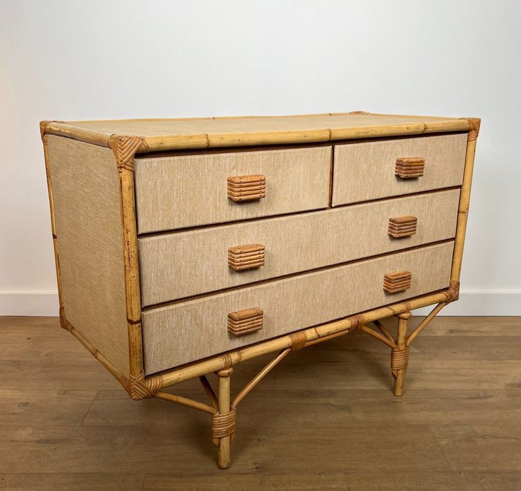 Cassettiera in bambù, rattan, legno e rafia di Adrien Audoux e Frida Minet (audoux Minet)