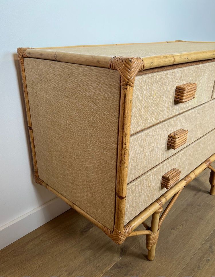 Cassettiera in bambù, rattan, legno e rafia di Adrien Audoux e Frida Minet (audoux Minet)
