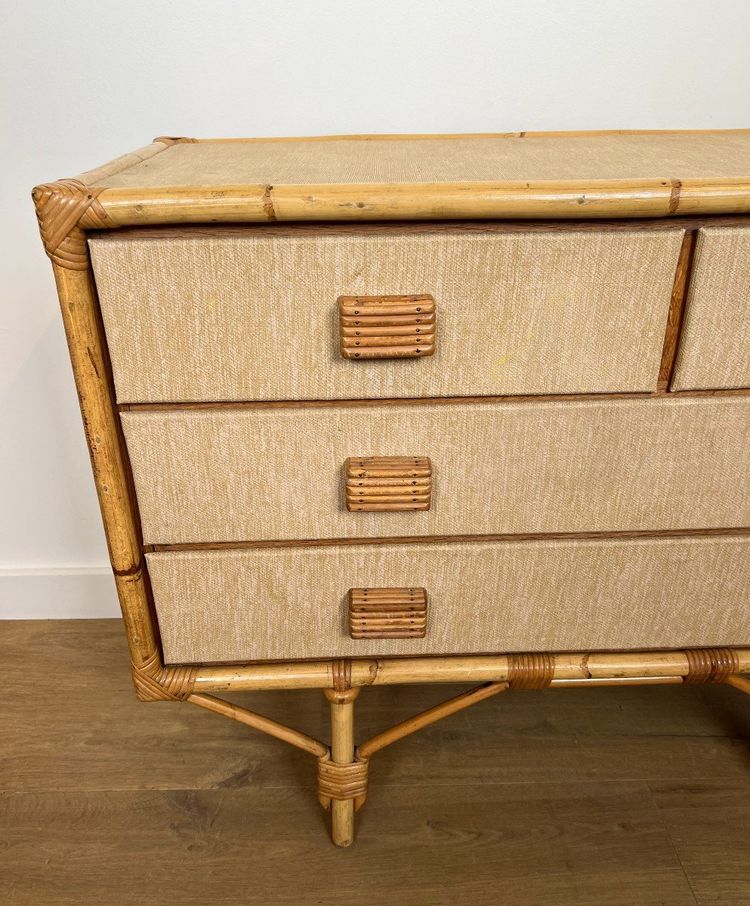 Cassettiera in bambù, rattan, legno e rafia di Adrien Audoux e Frida Minet (audoux Minet)