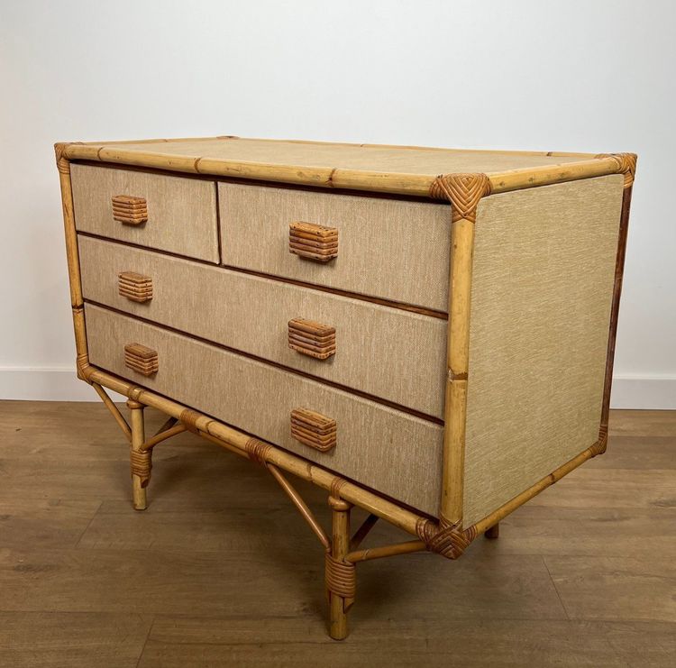 Cassettiera in bambù, rattan, legno e rafia di Adrien Audoux e Frida Minet (audoux Minet)