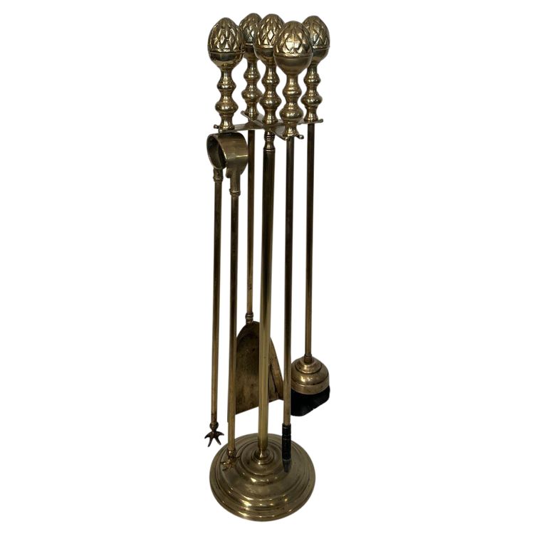 Brass Fire Pit Set with Pine Cones in the Style of Maison Baguès