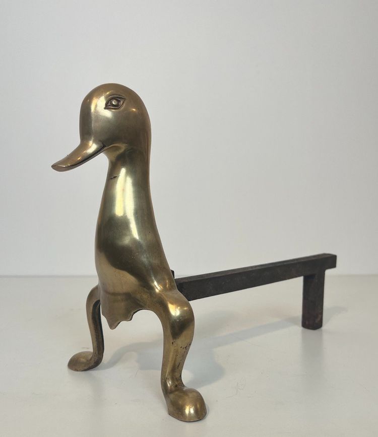 Paire De Chenets Représentant Des Canards Stylisés En Laiton Dans Le Goût De Lalanne
