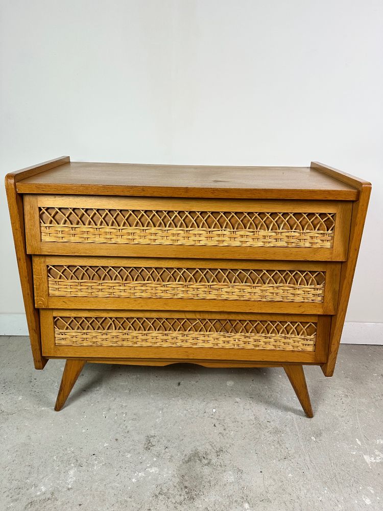Cassettiera vintage 1960 in faggio e rattan