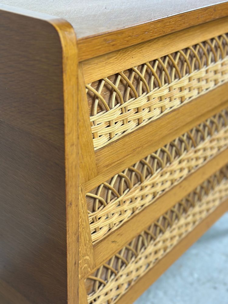 Cassettiera vintage 1960 in faggio e rattan