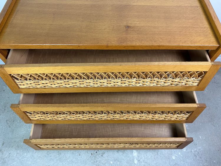 Cassettiera vintage 1960 in faggio e rattan