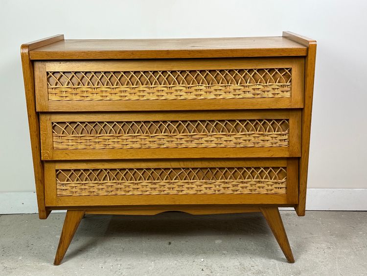 Cassettiera vintage 1960 in faggio e rattan