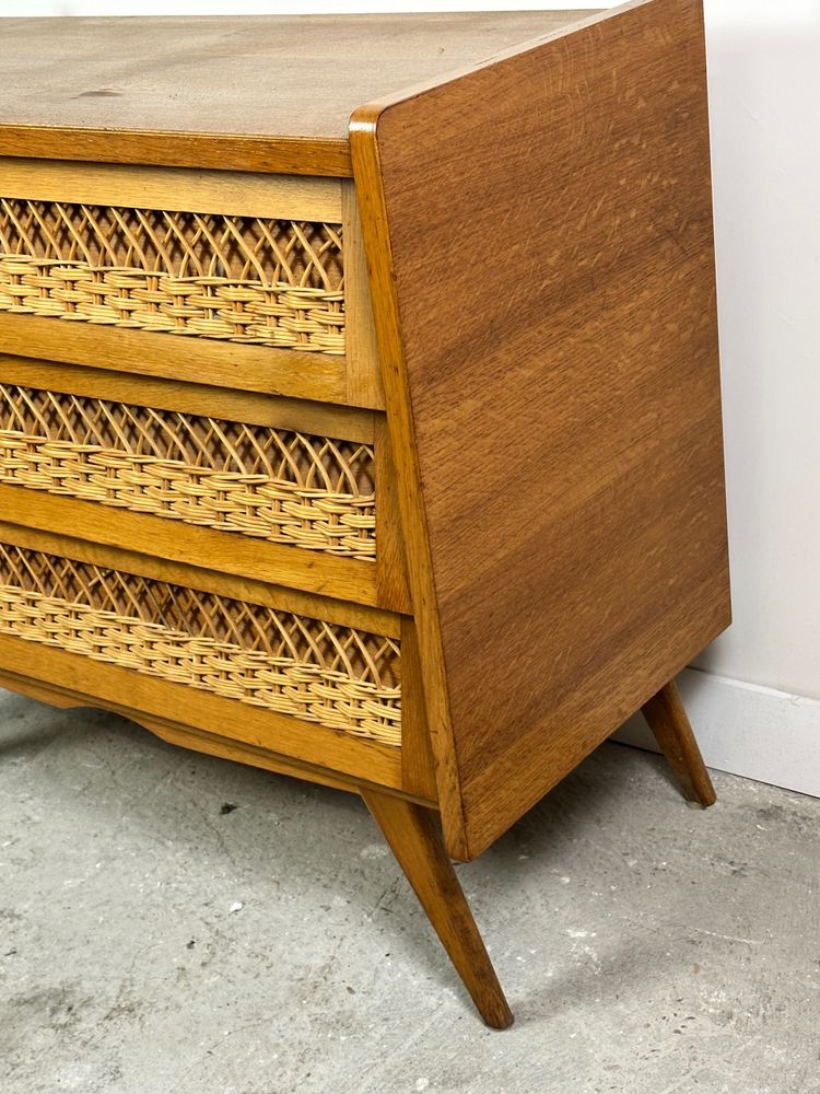 Cassettiera vintage 1960 in faggio e rattan