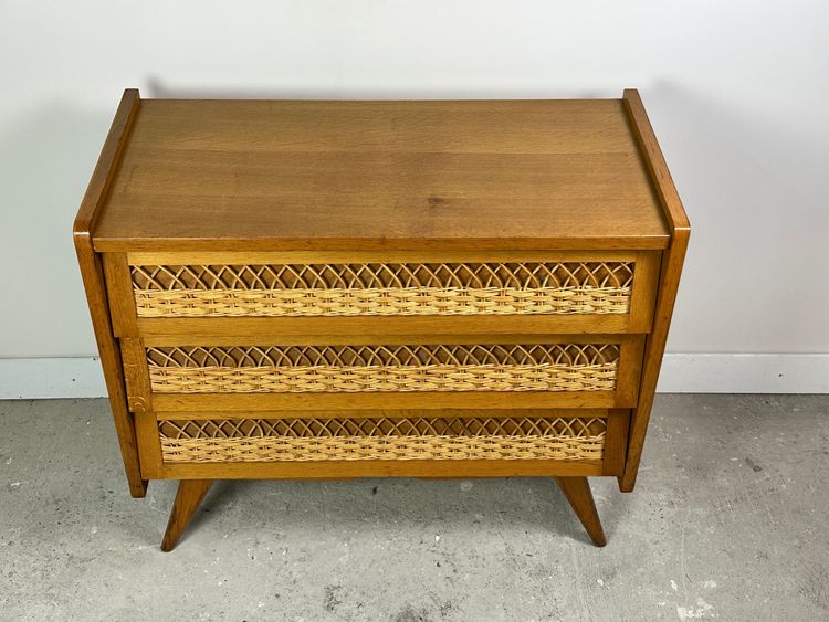 Cassettiera vintage 1960 in faggio e rattan