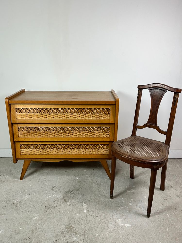Cassettiera vintage 1960 in faggio e rattan