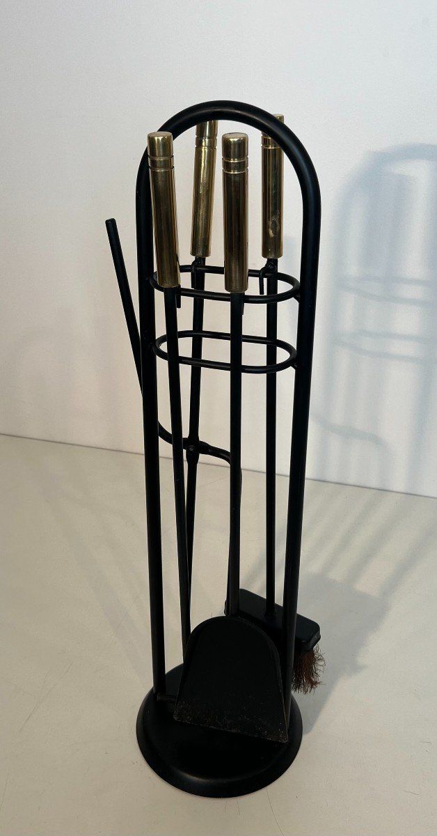 Nécessaire De Feu Design En Métal Laqué Noir Et Laiton. French work. Circa 1970