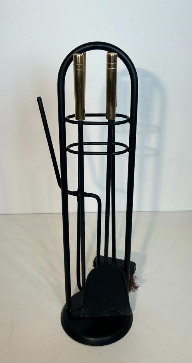Nécessaire De Feu Design En Métal Laqué Noir Et Laiton. French work. Circa 1970
