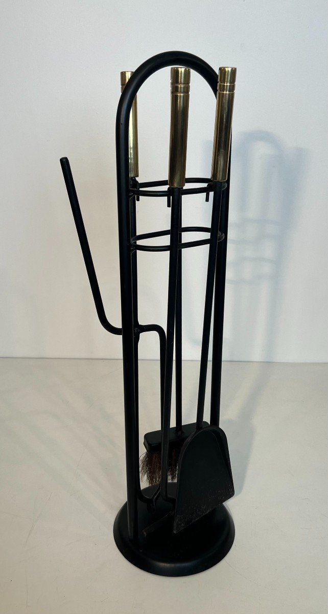 Nécessaire De Feu Design En Métal Laqué Noir Et Laiton. French work. Circa 1970