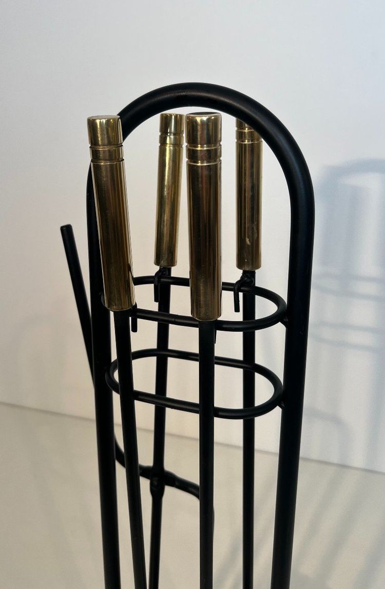 Nécessaire De Feu Design En Métal Laqué Noir Et Laiton. French work. Circa 1970
