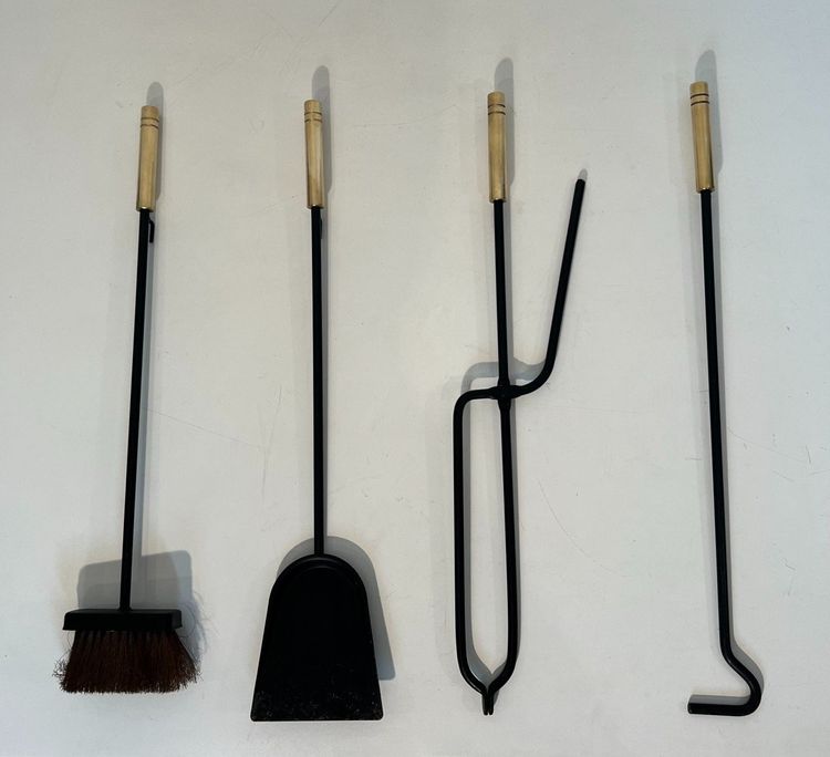 Nécessaire De Feu Design En Métal Laqué Noir Et Laiton. French work. Circa 1970