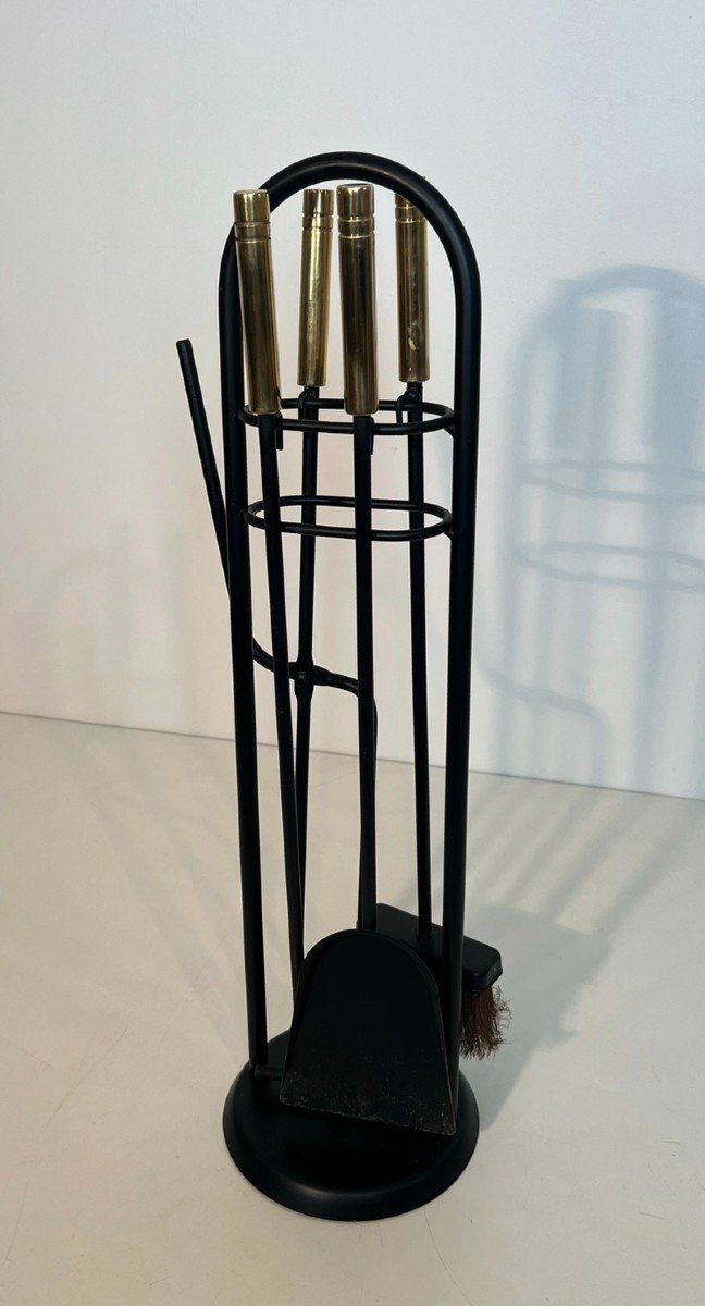 Nécessaire De Feu Design En Métal Laqué Noir Et Laiton. French work. Circa 1970