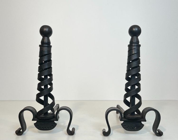 Pair De Chenets Modernistes En Fer Forgé. French work by Raymond Subes. Circa 1940
