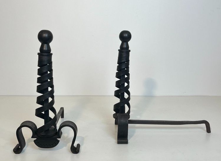 Pair De Chenets Modernistes En Fer Forgé. French work by Raymond Subes. Circa 1940
