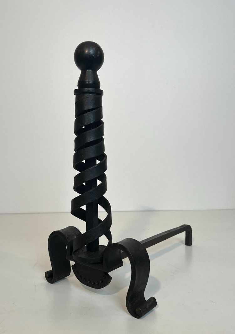 Pair De Chenets Modernistes En Fer Forgé. French work by Raymond Subes. Circa 1940