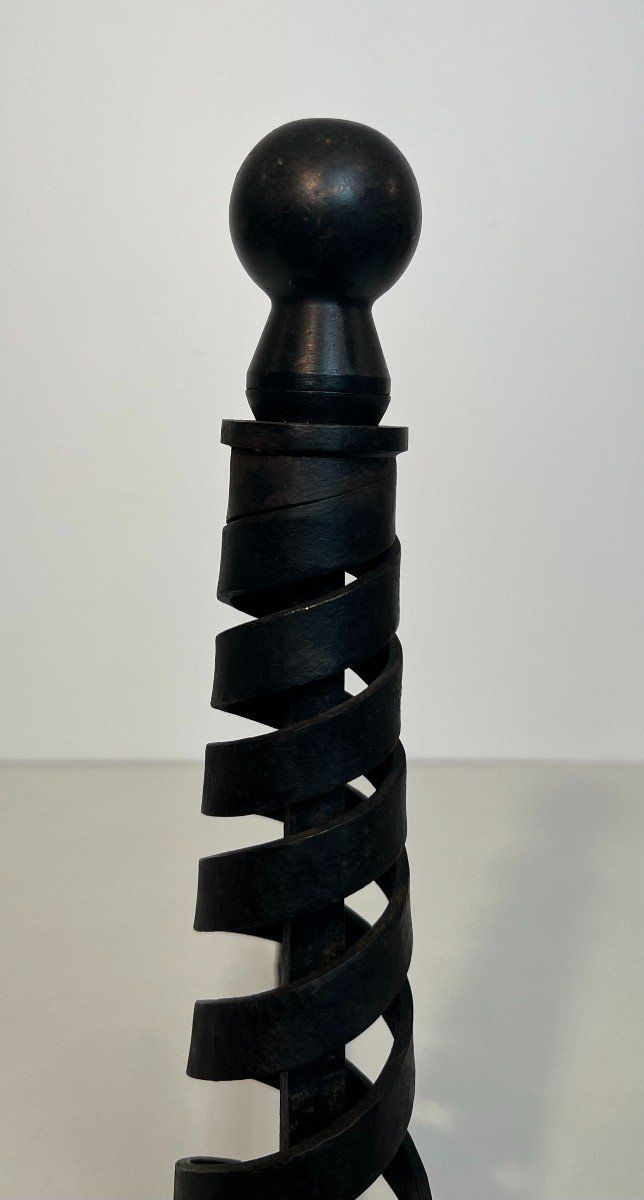 Pair De Chenets Modernistes En Fer Forgé. French work by Raymond Subes. Circa 1940