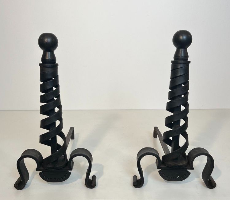 Pair De Chenets Modernistes En Fer Forgé. French work by Raymond Subes. Circa 1940
