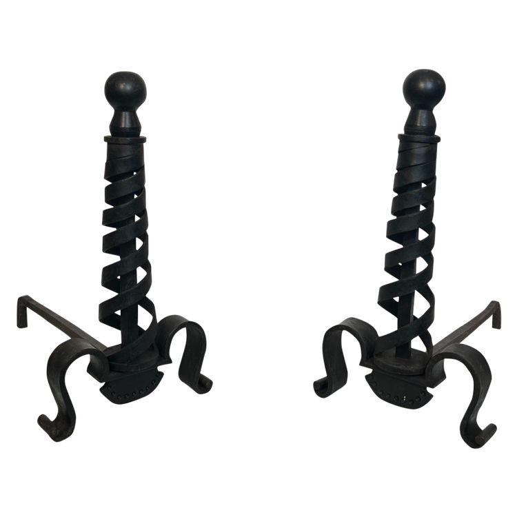 Pair De Chenets Modernistes En Fer Forgé. French work by Raymond Subes. Circa 1940