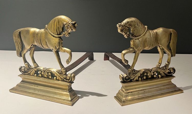 Pair Of Bronze Horse Andirons. French work. Circa 1900