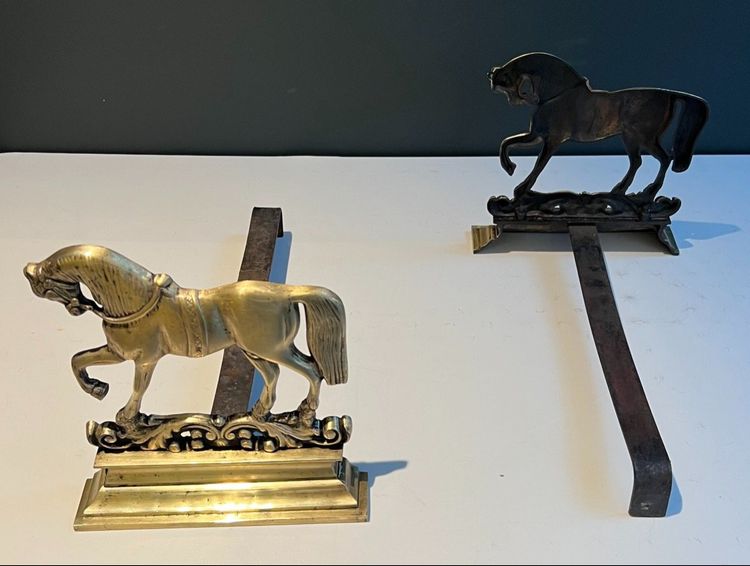 Pair Of Bronze Horse Andirons. French work. Circa 1900
