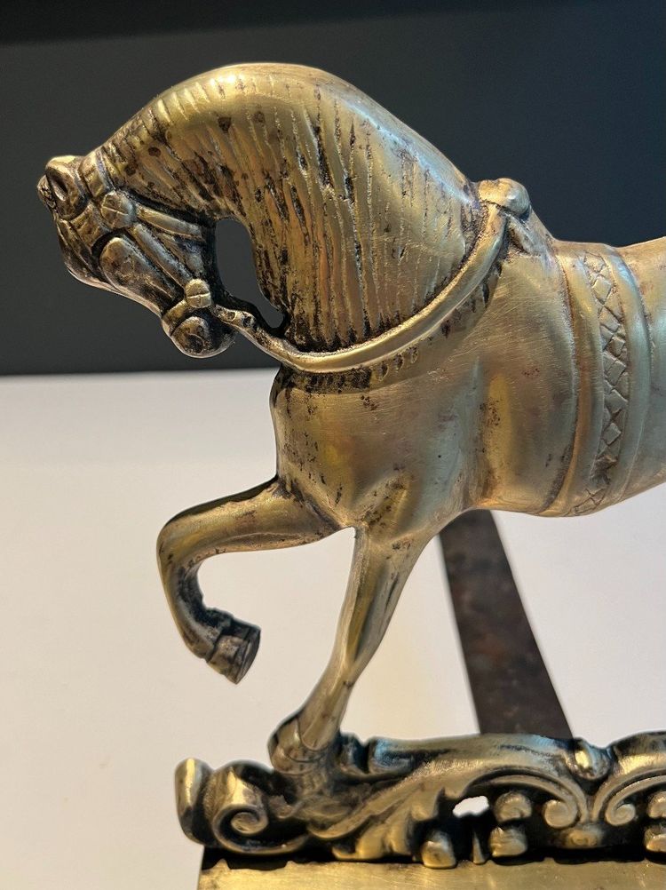 Pair Of Bronze Horse Andirons. French work. Circa 1900