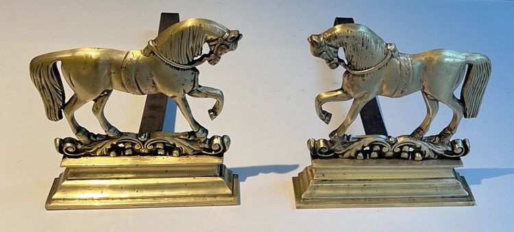 Pair Of Bronze Horse Andirons. French work. Circa 1900