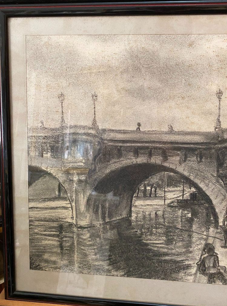 Pair of charcoal drawings, Pont Royal and Pont Neuf, Jacques Nervat
