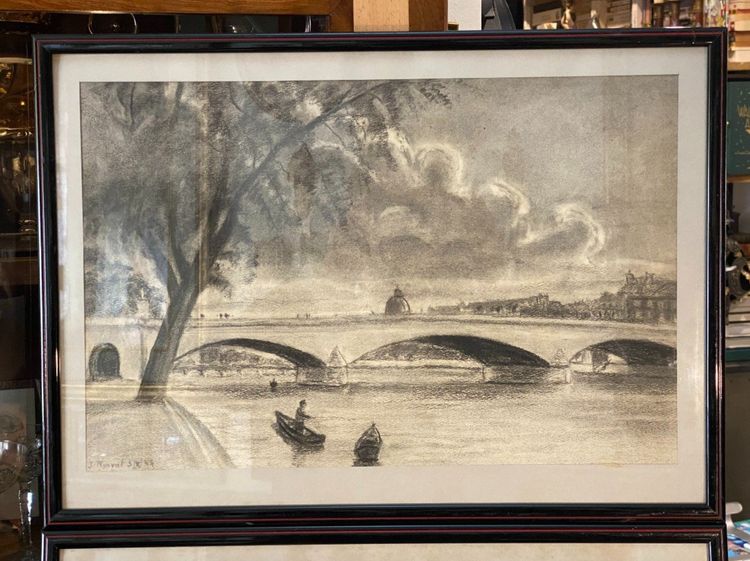 Pair of charcoal drawings, Pont Royal and Pont Neuf, Jacques Nervat