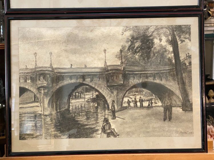 Pair of charcoal drawings, Pont Royal and Pont Neuf, Jacques Nervat
