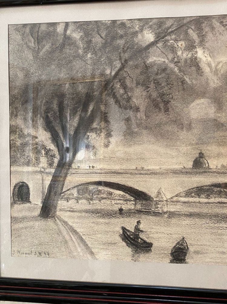 Pair of charcoal drawings, Pont Royal and Pont Neuf, Jacques Nervat