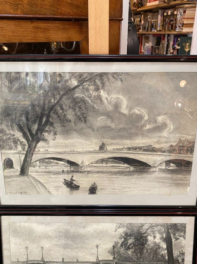 Pair of charcoal drawings, Pont Royal and Pont Neuf, Jacques Nervat