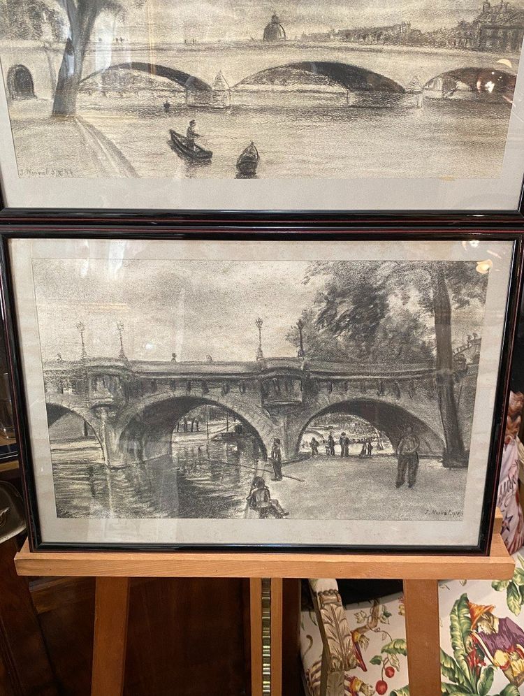 Pair of charcoal drawings, Pont Royal and Pont Neuf, Jacques Nervat