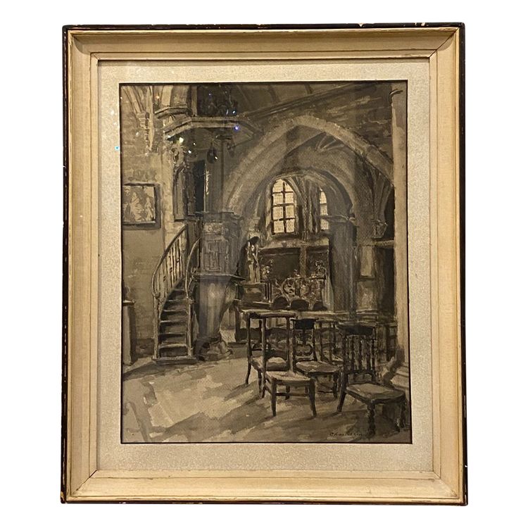 Interno della chiesa, Charles Londot, acquerello