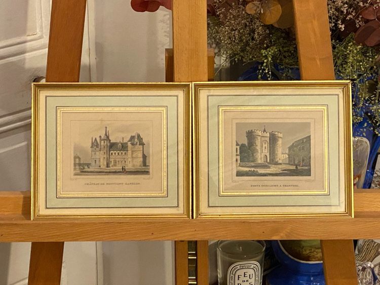 Pair of engravings, Porte Guillaume in Chartres, Chateau de Montigny, 1830