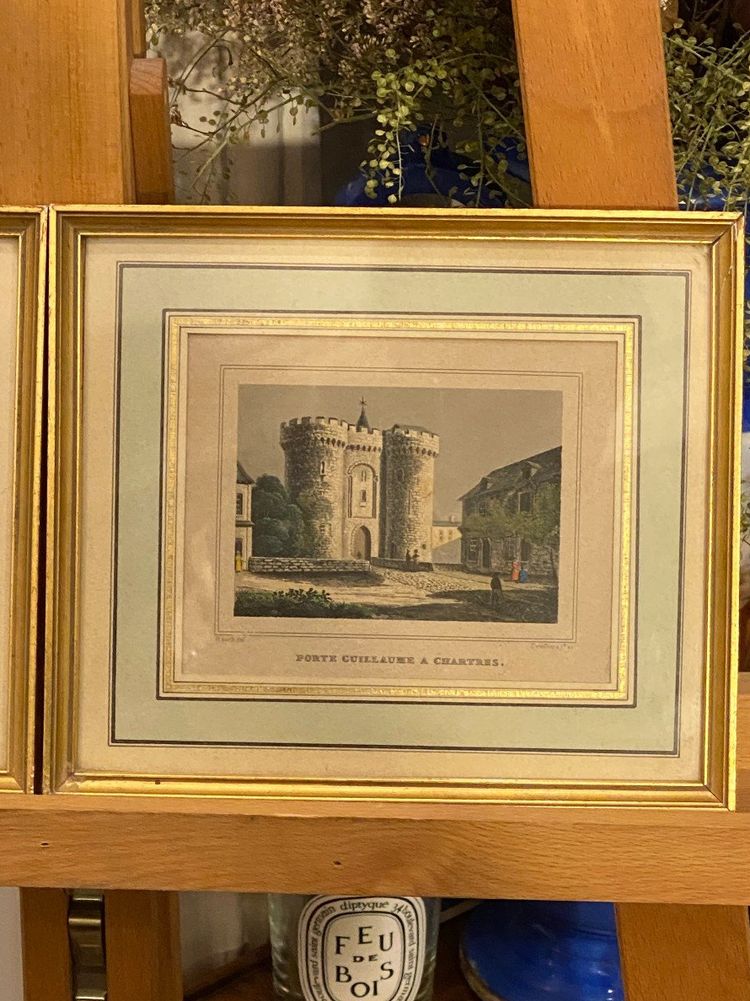 Pair of engravings, Porte Guillaume in Chartres, Chateau de Montigny, 1830